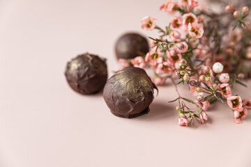 Obraz premium Chocolate truffles on a pink background decorated with pink flowers. Minimalism.