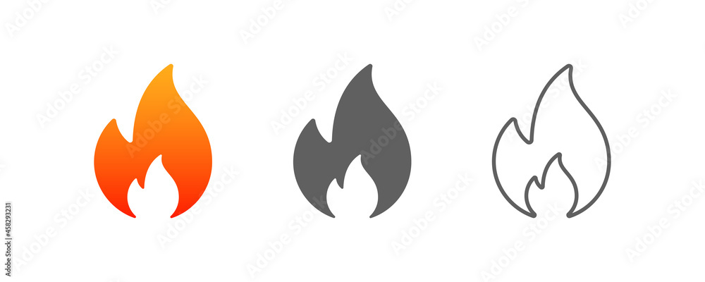 Poster set of hot fire flame icons. simple flames collection in color and black white style isolated on whi