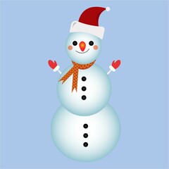 Christmas design with a snowman. Snowman vector design on a blue background. A winter snowman with neck muffler, gloves, winter hat, and buttons.