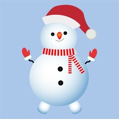 Winter snowman vector design on a blue background. Christmas design with a snowman. A snowman with neck muffler, winter hat, tree branch, buttons, legs, and gloves.