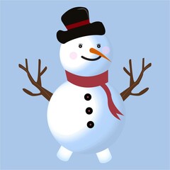 Cute snowman vector design on a blue background. Christmas design with a happy snowman. A winter snowman with neck muffler, gloves, tree branch, carrot nose, hat, and buttons.