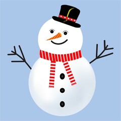 Snowman vector design on a blue background. Christmas design with a snowman. A winter snowman with neck muffler, hat, tree branch, buttons, and carrot nose.