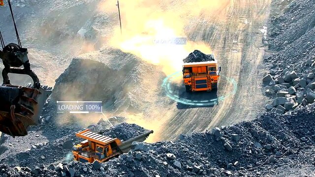 Dump truck with graphic elements. The dump truck drives through the quarry, the area is scanned. Modern technologies in the coal mining industry