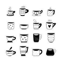 A black and white illustrated doodle collection of adorable kawaii mugs and cups designs.