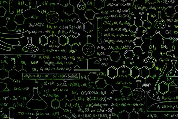 Hand drawn science formulas on chalkboard for background.
