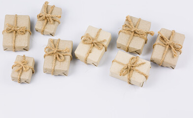brown gift on a white background,Stack of handcraft gift boxes on white background