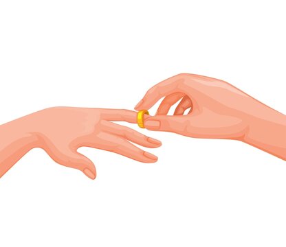 Man putting wedding ring on woman hand, bethrothal and married ceremony symbol illustration vector on white background