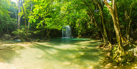 beautiful waterfall view in thailand,Panoramic beautiful deep forest waterfall in Thailand