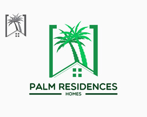 palm residences logo design template. home and palm tree illustration vector