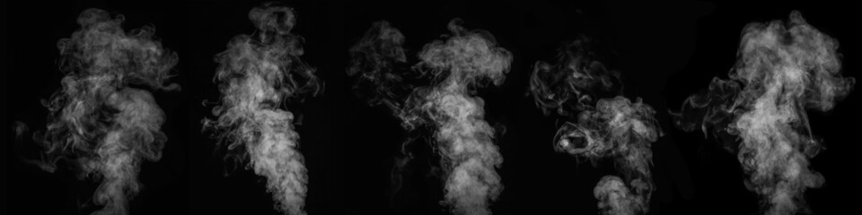 A set of five different white fumes, smoke on a black background to add to your pictures. A...