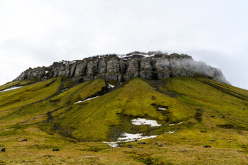 Arctic landscape in summer time. Franz Jozef Land archipelago. Flora cape, Gukera island.