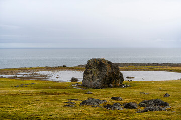 Arctic landscape in summer time. Franz Jozef Land archipelago. Flora cape, Gukera island.