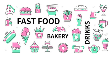 Fast food, bakery and drinks - line design icon set