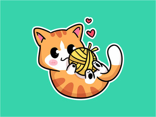 Kawaii Little Cat Character Playing with ball of yarn Illustration
