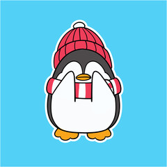 Cute Shy Winter Penguin Wearing Scarf and Beanie Covering Eyes Illustration