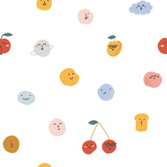 Seamless pattern with cute hand-drawn abstract faces on white background. Cherry, apple, apricot, planet, moon, cloud. For prints, backgrounds, wrapping paper, textile, linen, wallpaper, etc. 