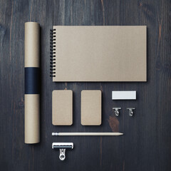 Branding identity template. Blank vintage stationery. Corporate identity set on wooden background. Top view. Flat lay.