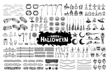 Halloween hand drawn character set collection for celebration, template and decoration
