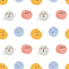 Seamless pattern with planets and moons with faces on them on white background. For prints, backgrounds, wrapping paper, textile, linen, wallpaper, etc. 