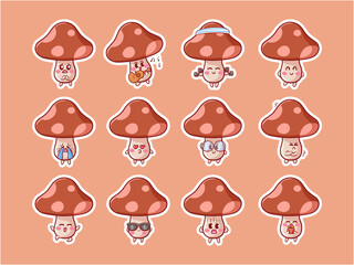 Cute and Kawaii Mushroom Character Sticker Illustration Set With Various Activity and Happy Expression for mascot badge