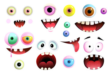 Cartoon cute eyes and mouth of monsters and creatures collection different shapes and colors. Isolated different monsters eyes and mouth stickers. Vector cartoon for kids. © Popmarleo