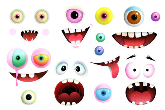 Cartoon cute eyes and mouth of monsters and creatures collection different shapes and colors. Isolated different monsters eyes and mouth stickers. Vector cartoon for kids.