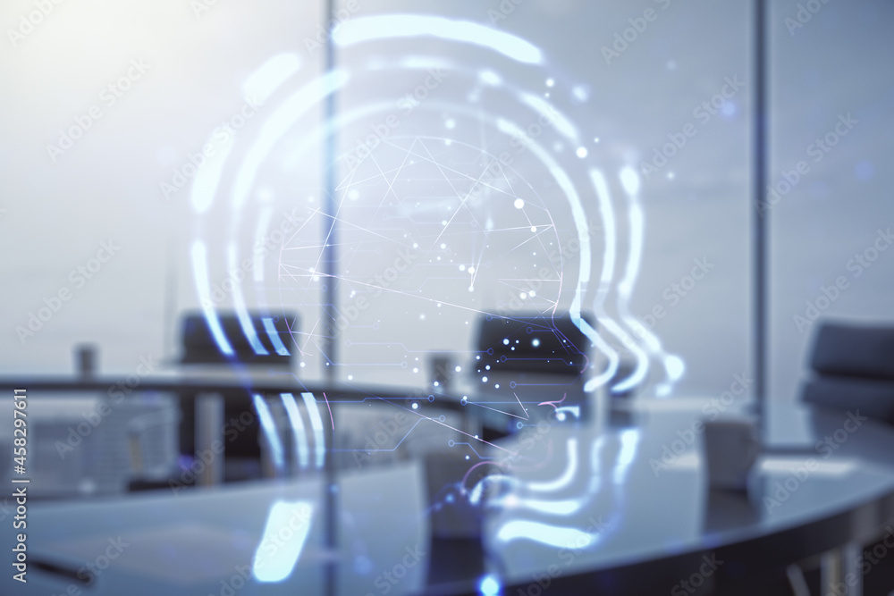 Poster abstract virtual artificial intelligence interface with human head hologram on a modern conference r