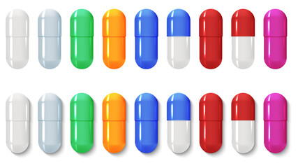 Set of realistic pills capsule isolated on white background. Tablets of different colors with and without shadow. Vector illustration.	
