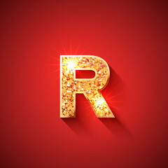 Glowing Golden Letter R on red colored background. English alphabet. For decoration of any holidays, sale offers, birthday, new year, christmas or casino designs.