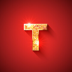 Glowing Golden Letter T on red colored background. English alphabet. For decoration of any holidays, sale offers, birthday, new year, christmas or casino designs.