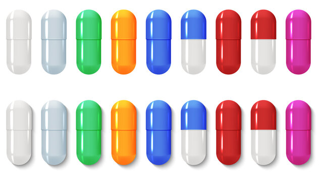 Set of realistic pills capsule isolated on white background. Tablets of different colors with and without shadow. Vector illustration.	
