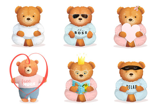 Cute Teddy Bears sleeping, reading, in love and meditating or sitting like a boss. Funny adorable vector graphics collection for kids design.