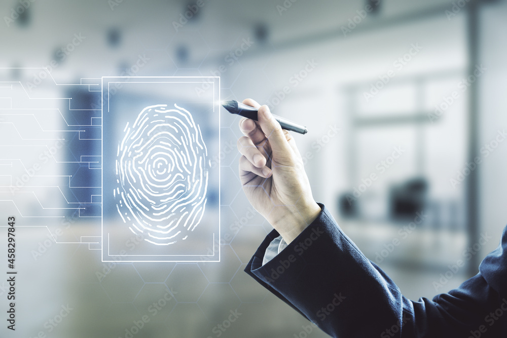 Poster man hand with pen working with abstract virtual fingerprint hologram on blurred office background. m