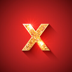 Glowing Golden Letter X on red colored background. English alphabet. For decoration of any holidays, sale offers, birthday, new year, christmas or casino designs. - 458297802