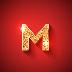 Glowing Golden Letter M on red colored background. English alphabet. For decoration of any holidays, sale offers, birthday, new year, christmas or casino designs. - 458297869
