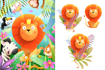 Naklejka premium African baby lion king in jungle nature watercolor style illustration for greeting card and clipart set for stickers. Kids little lion cartoon, animal character collection for kids, vector design.