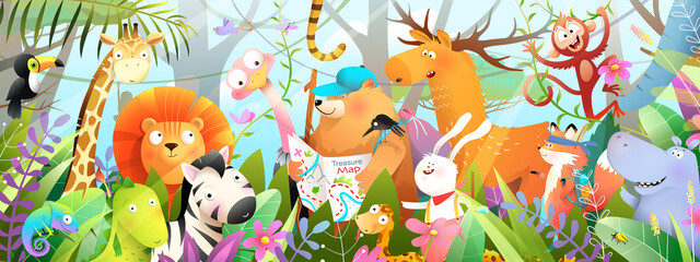 Kids and children jungle adventure with African animals in the wild, boy and girl explorers on adventure journey looking for animals. Horizontal banner for kids storytelling. Watercolor style vector.