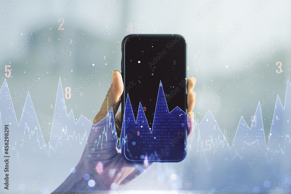 Poster multi exposure of stats data illustration and hand with phone on background, computing and analytics