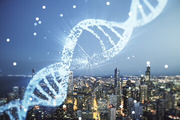 DNA hologram on Chicago cityscape background, science and biology concept. Multiexposure