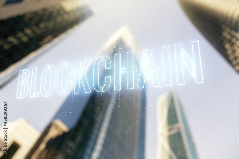 Poster double exposure of abstract virtual blockchain technology hologram on modern skyscrapers background.