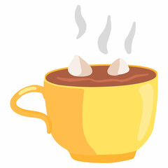Mug with cocoa with marshmallows. Colored cartoon doodle of cozy aesthetic. Hand drawn vector illustration. Drawing isolated on white background. Element for design, print, sticker, card, decor, wrap.