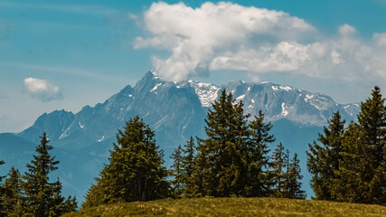 Beautiful alpine summer view at the Rossbrand summit with the famous Hochkoenig summit in the background near Filzmoos, Salzburg, Austria