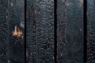 Closeup view of black burnt wooden timber boards with  charred texture finish and copy space