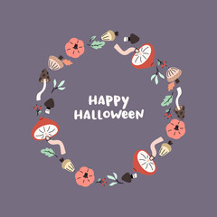 Hand drawn illustrated circle wreath design. Leaves, brunches, mushrooms, pumpkins and acorns.