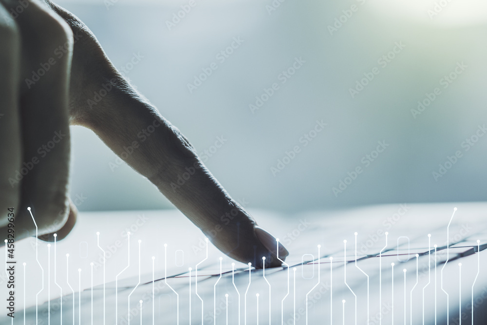 Aufkleber creative concept of microscheme illustration and hands typing on laptop on background. big data and 
