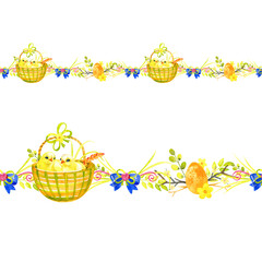Eggs, chicken, spring blossom, branches, green leaves. Floral repeating border for Easter. Watercolor.