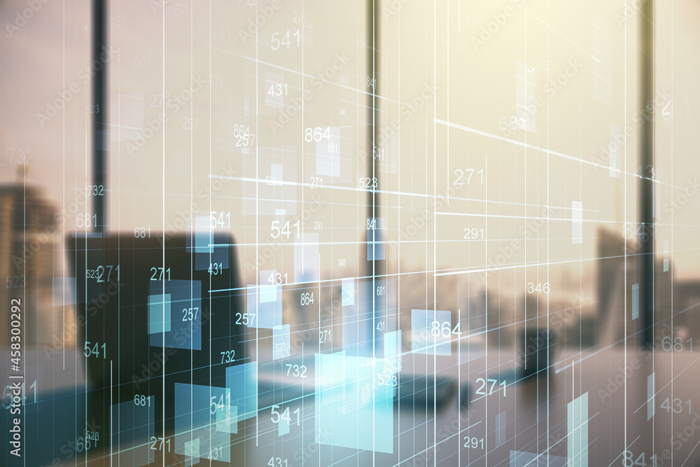 Poster multi exposure of stats data illustration and modern desktop with computer on background, computing 