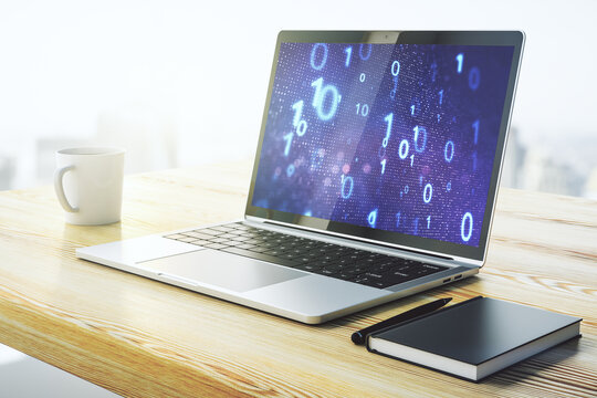 Modern computer monitor with creative abstract binary code hologram. Database and programming concept. 3D Rendering