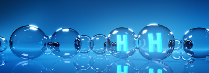 Green hydrogen energy. H2 gas molecules for production of green hydrogen energy. Renewable or sustainable electricity. Clean alternative ecological energy. 3D rendering.