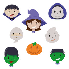 Halloween cute avatar set - vampire, witch, skull, mummy, ghost, pumpkin and frankenstein - vector illustration